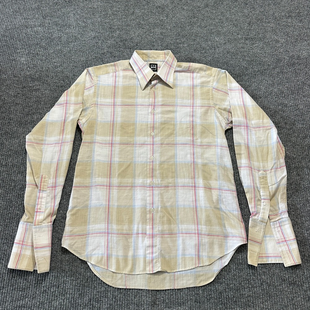 IKE BEHAR NY Mens Button Up Shirt Size 15.5 Multicolor Plaid Linen Long Sleeve